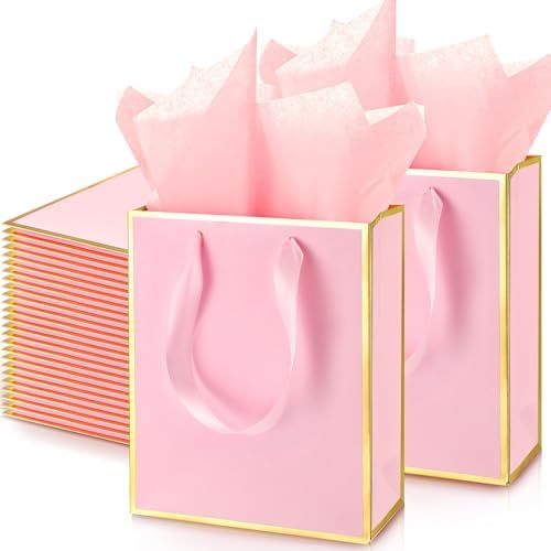 Yeaqee 50 Pcs Metallic Paepr Gift Bags Bulk with Handles,Pink Gold by Yeaqee