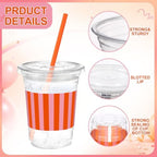 Sliner 50 Sets Pink Orange Striped Plastic Cups with Lids and Paper Straws - Image 2