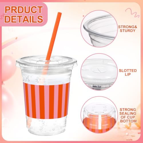 Sliner 50 Sets Pink Orange Striped Plastic Cups with Lids and Paper Straws - Image 2