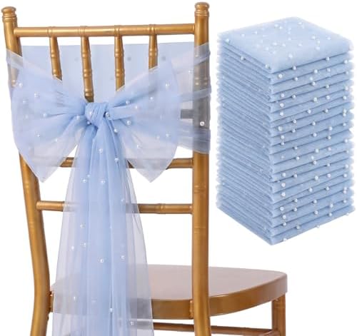 VitalCozy 50 Pack Blue Pearls Vintage Chair Sashes with Bows Wedding Decor by VitalCozy