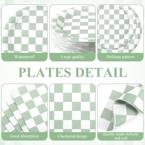 Pickmesh Sage Green and White Checkered Party Decorations Plates Serve 50 - Image 2