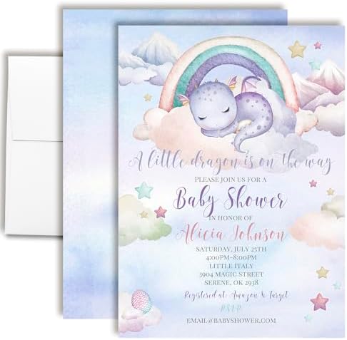 Amanda Creation Dragon Baby Shower Invitations, 20 Personalized 5x7 Girl Cards with Envelopes, Custom Enchanted Little Dragon Hatching Soon Invites by AmandaCreation