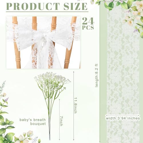 Moukeren 24 Sets White Lace Chair Sashes with Artificial Baby's Breath, 8.2ft Wedding Aisle Pew Decorations Church Ceremony Chair Ribbons for Bridal Shower Banquet Party Decor - Image 2