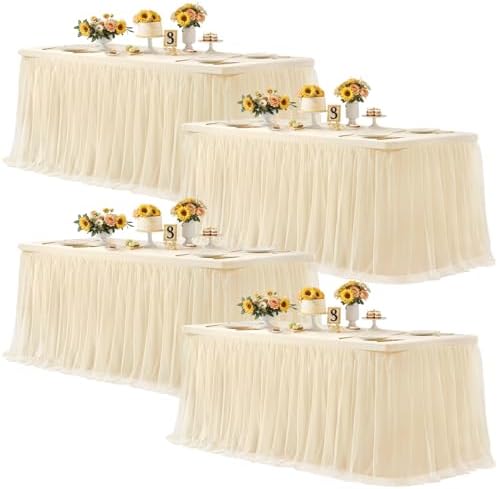 Champagne Tablecloth Rectangle Table Cover for 6 Foot Table, Champagne Tulle Table Skirt Rectangle Table 6ft Stretch Tulle Tablecloth Fitted Elastic Banquet Party Wedding Table Cloth for 6 Foot Table by HBBMAGIC