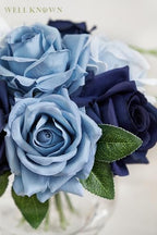 WELL KNOWN Silk Rose Artificial Flowers with Vase Artificial Rose Flower Arrangements in Round Bowl Vase with Faux Water for Home Table Decoration (Bicolor Blue) - Image 7