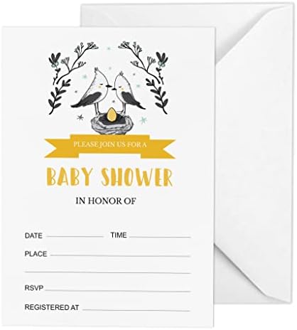 Pack of 30, Boy/Girl Baby Shower Party Collection, Baby Shower Invitation Cards, Fill in the Blank Invites WIth Envelopes, Bird Theme Party Supplies by Inkdotpot