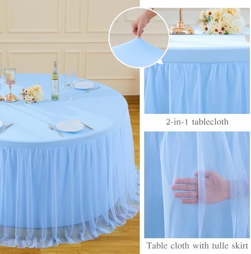 HB HBB MAGIC Baby Blue Tablecloth for Round Table 72 inch Stretchy Elastic Fitted Round Table Cloth Cover 120 inch, Tulle Table Cloth with Skirt Baby Shower Birthday Party Cake Tables Decorations - Image 5