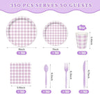 Vyntra 350-Pc Lavender Gingham Paper Plates and Napkins Party Supplies - Image 3