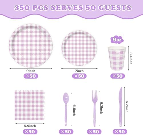 Vyntra 350-Pc Lavender Gingham Paper Plates and Napkins Party Supplies - Image 3