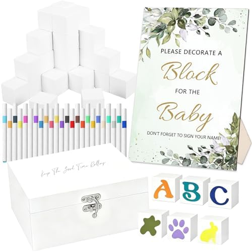 Whaline 74 Pcs Baby Shower Game Kits Watercolor Leaves Wooden Display Sign Storage Box Blank Building Blocks Colorful Markers for Birthday Party DIY Crafts Supplies by Whaline