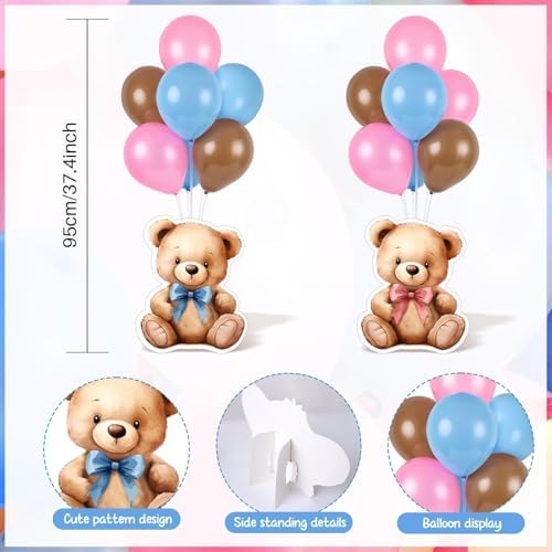 12 Sets Bear Balloon Stand Kit for Table Bear Baby Shower Centerpieces for Tables Gender Reveal Party Decoration Pink Blue Bear with Balloon for Baby Bear Temed Gender Reveal Party Supplies - Image 4