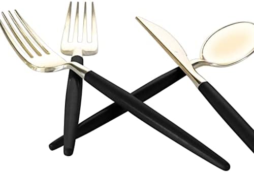 Luxe Party 128 Pieces Two Tone Plastic Disposable Cutlery | Forks-Spoons-Knives | Full Size | Chic Round | Black and Gold - Image 4