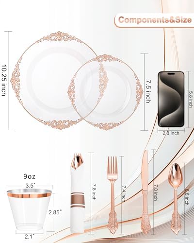 Nervure 175Pcs Rose Gold Plates, Disposable Party Plates for 25 Guests - Image 3