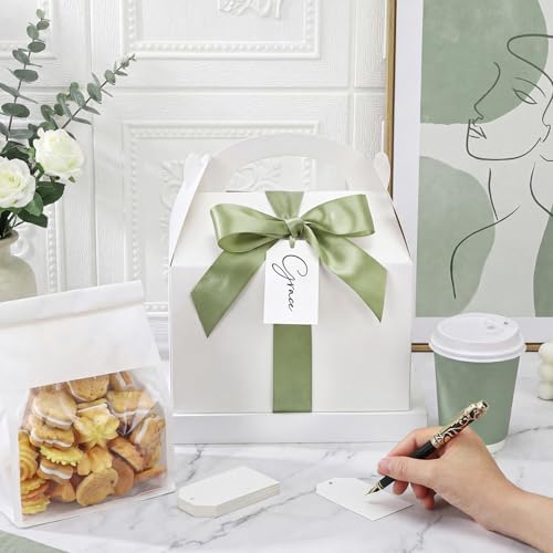 Maitys 24 Set Large Gable Boxes with Handle, Ribbon, Tag, White,Sage Green - Image 3