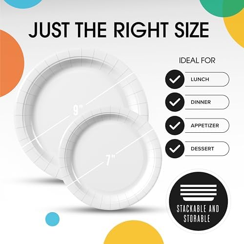 Party Solids Exquisite White Paper Plates Disposable Heavy Duty 200 Pcs - 100-7" & 100-9" White Disposable Plates For Party Heavy Duty 350 GSM For Birthday Supplies - Image 3