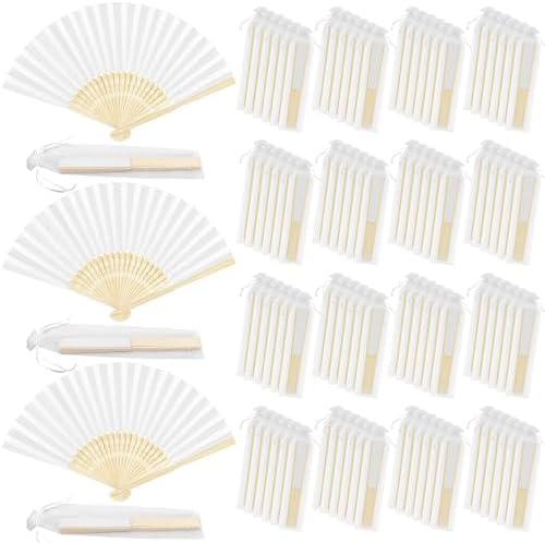 MCEAST 120 Pieces Wedding Handheld Paper Fans White Bamboo Folding Paper Fan with 120 Organza Bags Foldable Cool Wedding Favors Wedding Fans for Guests Party Favors DIY Decoration by MCEAST