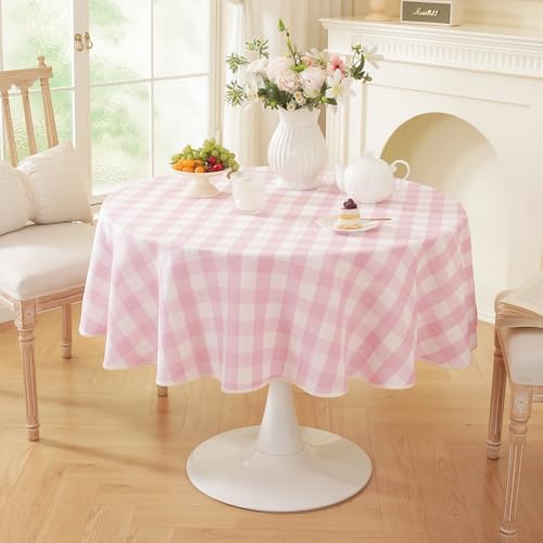 Laolitou Pink Gingham Table Cloth Round Tables Buffalo Plaid Checkered Tablecloth Cotton Linen Farmhouse Tablecloths Washable Wrinkle Free for Baby Shower Picnic Kitchen, 60", 2-4 Seats - Image 2