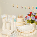 LIYH 350 Pcs Ivory Paper Plates and Napkins 50 Guest Cream Party Supplies Include Ivory Scalloped Disposable Paper Plates Cocktail Napkins Cups Spoons Forks Knives for Baby Shower,Birthday - Image 5