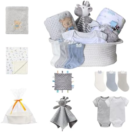 CREVENT Gift Set for Girls Boys -Diaper Caddy Organizer Basket with 2 Blankets, 1 Taggie, 1 Lovey, 3 Socks，2 Baby Bodysuits，1 Gift Bag with Ribbon - Newborn Essential Baby Shower by CREVENT