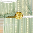 20 x 10ft Sage Green Chiffon Backdrop Curtain with Lights String for Parties,4 Panels Sheer Tulle Curtain Wedding Backdrop for Baby Shower Birthday Party Ceremony Reception Home Decorations - Image 2