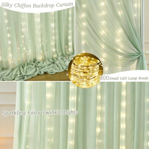 20 x 10ft Sage Green Chiffon Backdrop Curtain with Lights String for Parties,4 Panels Sheer Tulle Curtain Wedding Backdrop for Baby Shower Birthday Party Ceremony Reception Home Decorations - Image 2