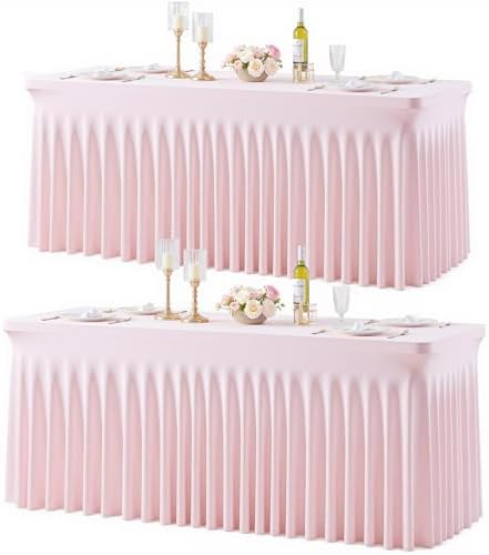 2 Pack Pink Table Cloth for 8 Foot Rectangle Tables Spandex Fitted Tablecloth 8ft Stretch Table Covers Skirt Pink Banquet Tablecloths Wrinkle Free Tablecloth for Party Wedding Birthday Event by Tao-GePartyDecorations