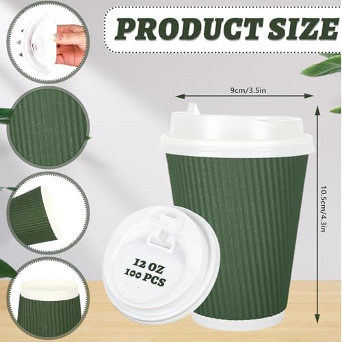 Whaline 100Pcs Woodland Themed Disposable Coffee Cups with Lids Paper Cup 12oz Brown Green Corrugated Ripple Wall Insulated Hot Cup for Home Office Party Supplies - Image 2
