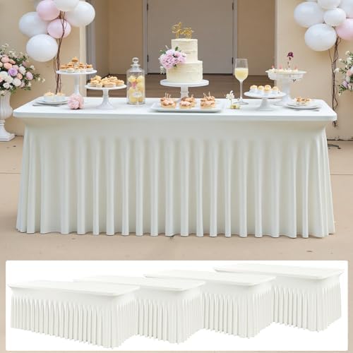 4 pk Ivory Spandex Tablecloth 6ft with Ruffle Skirts,Wrinkle Free High Stretch Cream Fitted Tablecloths for 6 Foot Rectangle Tables,Elastic Spandex Table Covers 6 ft for Parties Weddings Banquet by ENJOYYOURPARTY