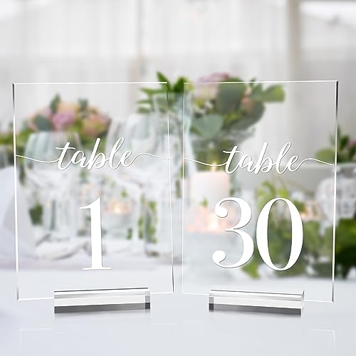 Clear Wedding Table Numbers 1-30 with Stands, 5x7 Inch Clear Acrylic Sign Printed White Calligraphy Font, Acrylic Table Numbers with Holder for Wedding Party Reception by JINMURY
