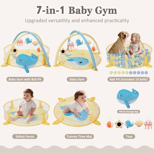 7-in-1 XL Large Baby Play Gym Mat, Tummy Time Mat, Baby Gym & Ball Pit, Baby Activity Mat with Milestone Cards & 6 Detachable Toys for Sensory Motor Skill, Whale - Image 2