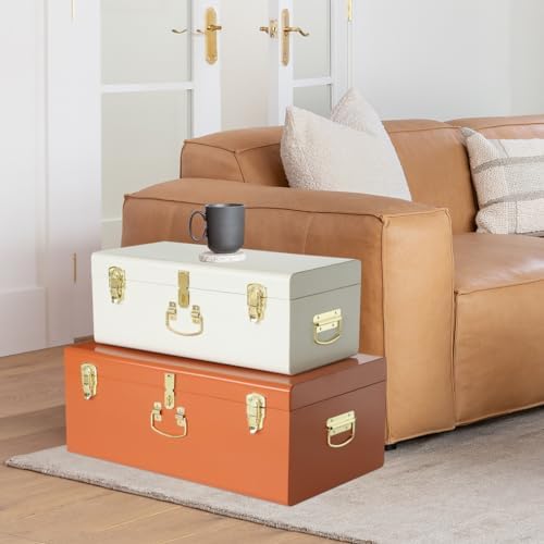 Vixdonos Decorative Large Metal Box Storage Trunk Chest Set of 2 College Dorm Organizer with Hardware Hasps and Handle for Home Deocr,23.7X14.2X9.5 Inches(Beige and Orange) - Image 5