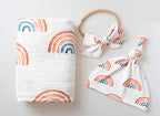 Miaoberry Organic Muslin Baby Swaddle Blanket and Hat Set Newborn Unisex Neutral Boy Girl| Boho Rainbow |Photo Props Birth Announcement Card - Image 3