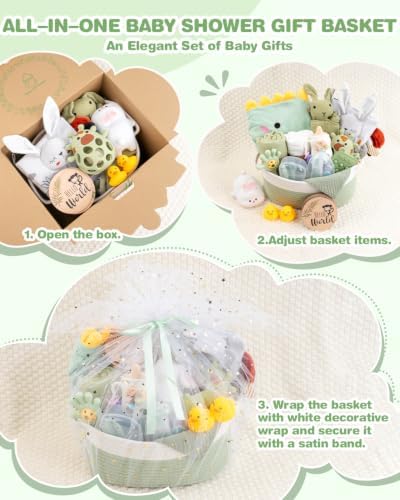 Baby Shower Gifts for Girls, 26 Piece Deluxe Baby Gift Basket - Baby Girl Gift Basket with Bunny Night Light, Electric Nail Trimmer, Bath Towe, Rattle & Milestone Cards for New Mom (Green) - Image 6