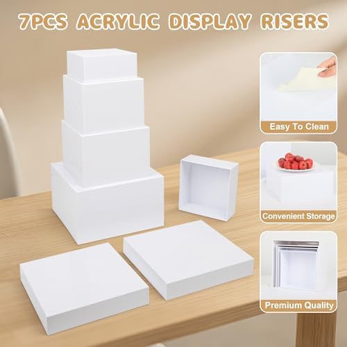 7 Pcs Acrylic Buffet Risers Set – Square Display Stands 6.8" to 12", Clear Cube Boxes for Cakes, Desserts, Jewelry & Party Decor, Hollow-Bottom Storage & Display Riser, Stackable Nestable Design (White) - Image 5