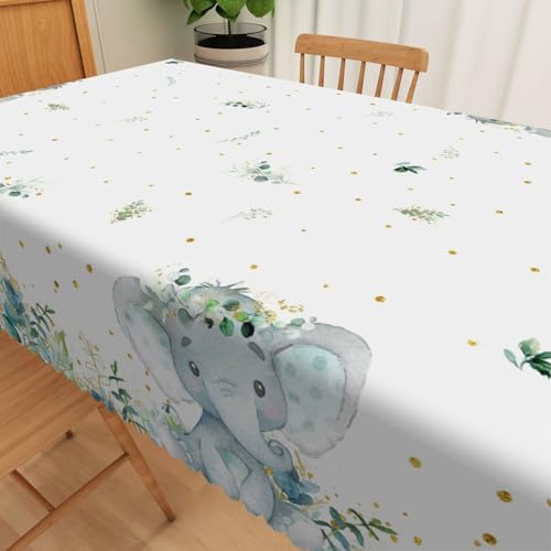 Elephant Baby Shower Tablecloth 70x90 Inch Gold Polka Dots Green Eucalyptus Leaves Fabric Table Cloth Polyester Oilproof Washable Rectangle Table Cover for Boy Baby Shower Gender Reveal Decor - Image 3