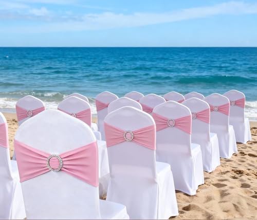 50 Pack Pink Chair Sashes, Light Pink Spandex Chair Bands for Wedding Gender Reveal Party Decor, Baby Pink Bows for Folding Chairs - Image 2