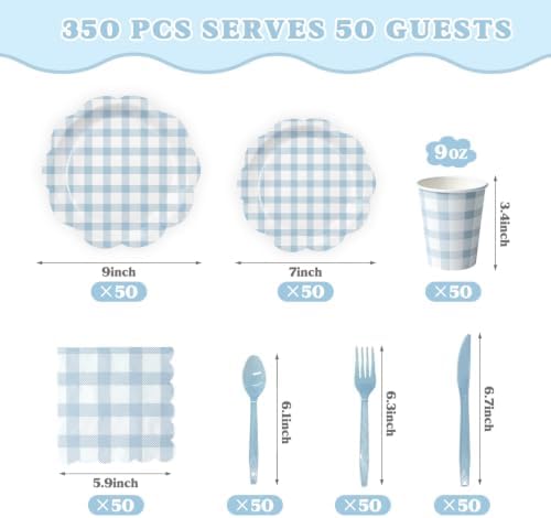 350 PCS Light Blue Gingham Disposable Dinnerware Set, Decagonal Paper Plates 7 & 9 Inch, Napkins, Cups & Cutlery, Checkered Party Supplies for Baby Shower Easter Picnic Wedding - Image 4