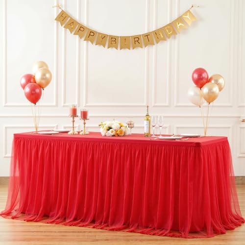 HB HBB MAGIC 6ft Red Table Cloths Rectangle Tulle Tablecloth Fitted Red Tablecloths for 6 Foot Rectangle Tables Spandex Table Covers for Parties Wedding Birthday Buffet Banquet Desk Tables Skirt - Image 2