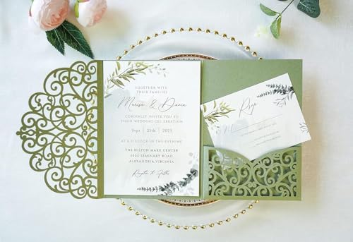 ponatia Trifold Laser Cut Wedding Invitations Pockets with Envelopes - Image 2