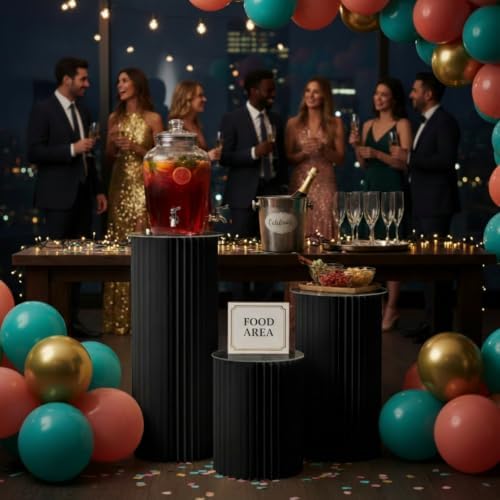 Cylinder Stands for Party, Shape&Use 3PCS Round Black Pedestal Display Stands, Foldable Cardboard Columns for Wedding, Birthday, Anniversary Decor, 11.8in Dia. (15.7/23.6/31.5in H) with Storage Bag by Unknown