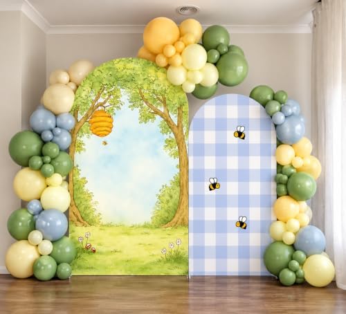 Set of 2 Little Honey Arch Backdrop Cover 2PCS Honey Bee Baby Shower Spandex Arch Covers Blue Gingham Gender Reveal Birthday Party Decoration (Woodland,7.2FT & 6.6FT) - Image 4