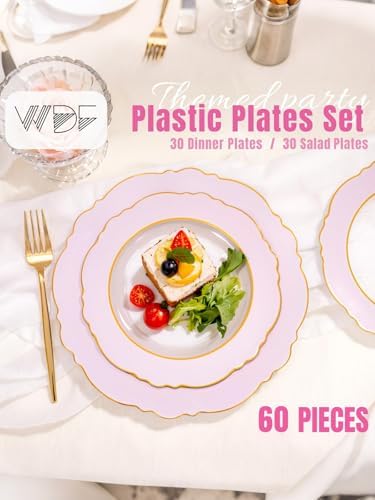 WDF 60Pcs Pink Plates Disposable with Gold Rim - Baroque Clear Pink and Gold Plastic Party Plates Ideal for Wedding/Baby Shower/Spring - Image 5
