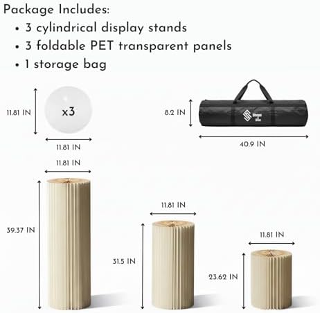 Cylinder Stands for Party, Shape&Use 3PCS Round Cream White Pedestal Display Stands, Foldable Cardboard Columns for Wedding, Birthday, Anniversary Decor, 11.8in Dia. (23.6/31.5/39.4in H) with Storage Bag - Image 2
