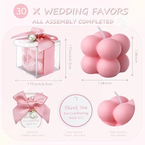ACITHGL 30 Sets Fully Assembled Small Bubble Candle Party Favors for Guests Bulk Bridal Showers Favors Candles with Stylish Ribbons Thank You Cards Gifts (Pink) - Image 2