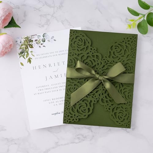 ponatia 25PCS Olive Green Laser Cut Invitations Cards with Envelopes - Image 3