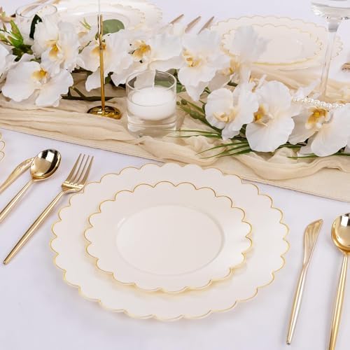 LIYH 60 Pcs Ivory and Gold Scalloped Plastic Plates - Disposable Fancy Combo Plates Includes 30 Dinner Plate 10.25" and 30 Dessert Plate 7.5" Plastic Heavy Weight Party Tableware Dishes - Image 5