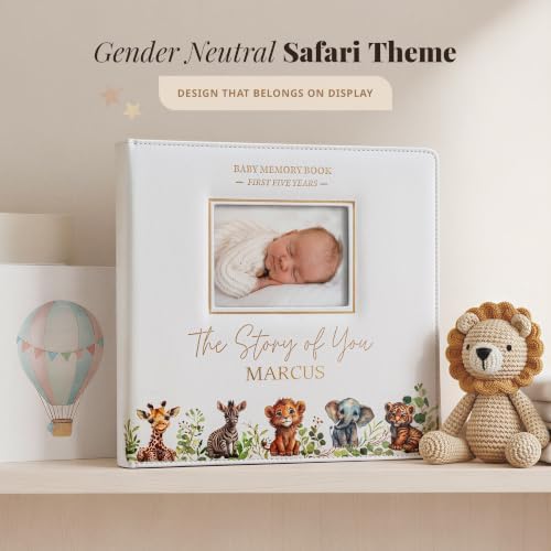 Personalized Faux Leather Baby Memory Book Keepsake for Boy or Girl - Enter any Name w/Gold Foil Stamp for Special Touch I First 5 Year I Gender Neutral, Safari Theme - Baby First Year Book inc Pen - Image 5