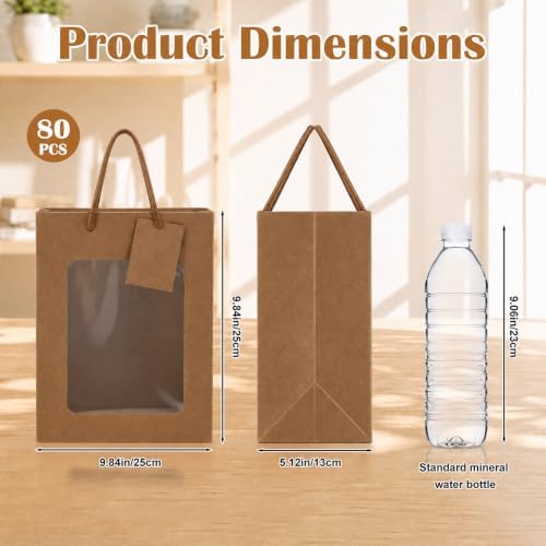 80 Pcs 9.8 x 5.1 x 7.1 in Brown Kraft Paper Gift Bags with Window & Handles - Image 2