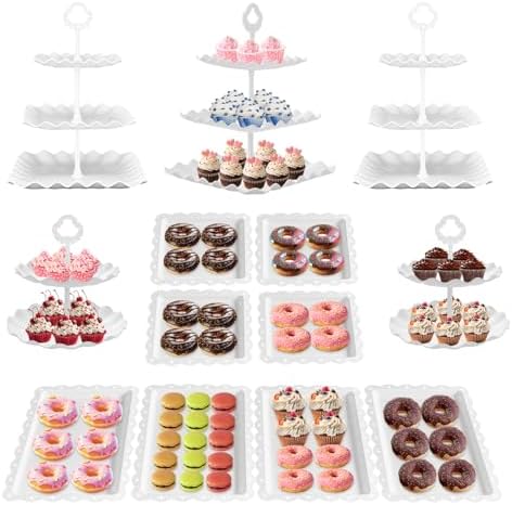 13PCS Cupcake Stand Set, 2-Tier Round & 3-Tier Square Trays, 4 Small Square + 4 Rectangle Platters, Tiered Dessert Display for Candy Cookies Cake Pops, Wedding Baby Shower Birthday Party Decorations by ZLMXXT