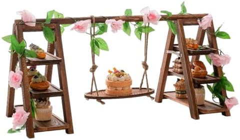 3 Tier Wooden Cupcake Stand with Unique Swing & Flower Decor, Rustic Dessert Table Display Set, Foldable Ladder Serving Tray for Wedding, Baby Shower, Birthday Party & Event Centerpiece by DENCHWARE